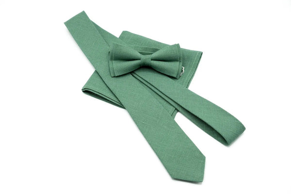 Dark sage green linen bow tie, necktie, or pocket square, ideal for weddings and formal occasions.