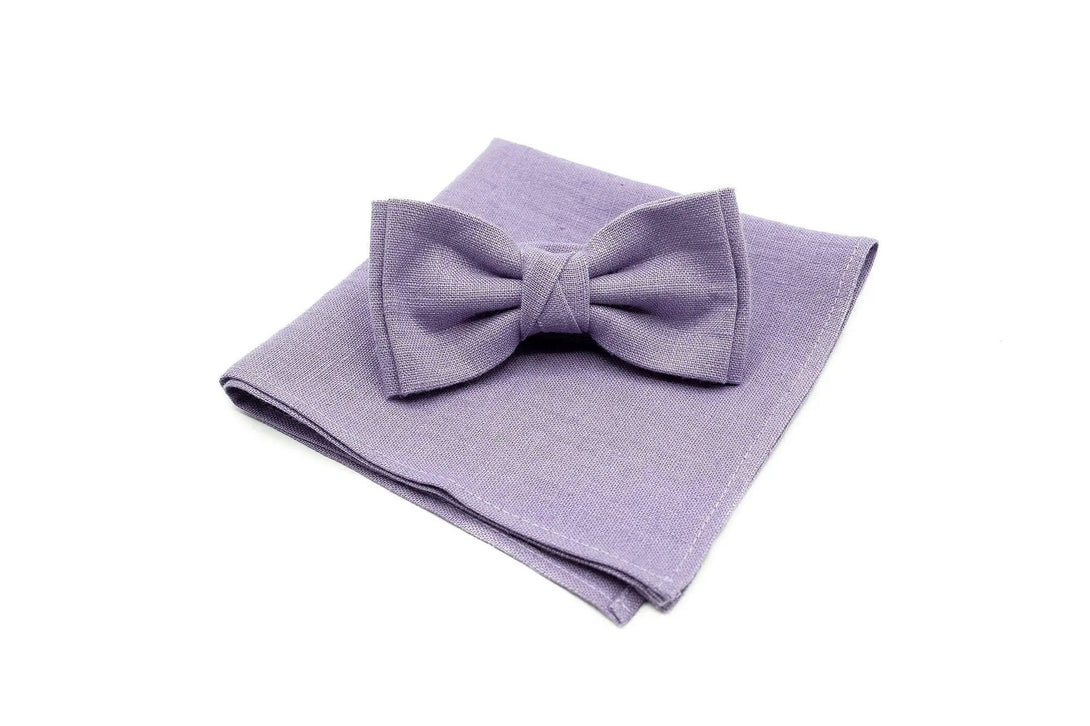 Lavender linen bow tie available with matching pocket square for weddings and groomsmen proposal gift