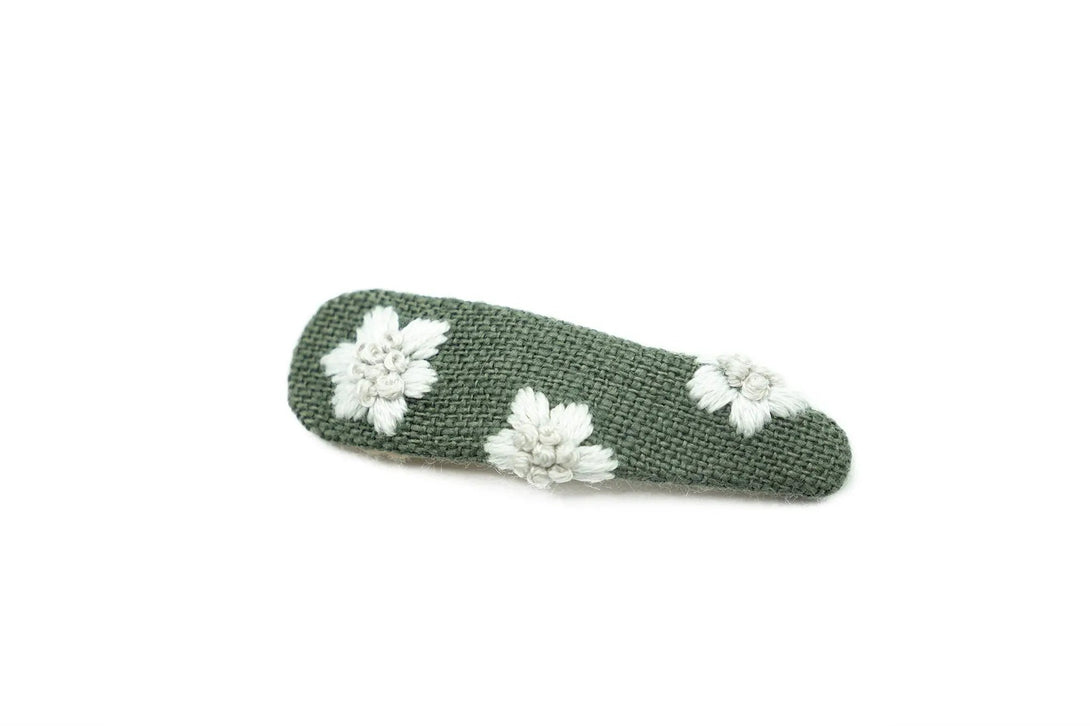 Elegant Pine Green Floral Hand Embroidered Hair Clip – A beautifully crafted pine green hair clip featuring delicate white floral embroidery, perfect for weddings, bridesmaids, and flower girl gifts.