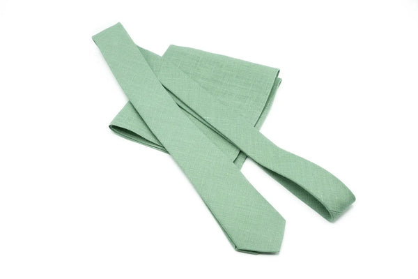 Elegant sage green linen necktie available with matching pocket square for groomsmen or wedding attire