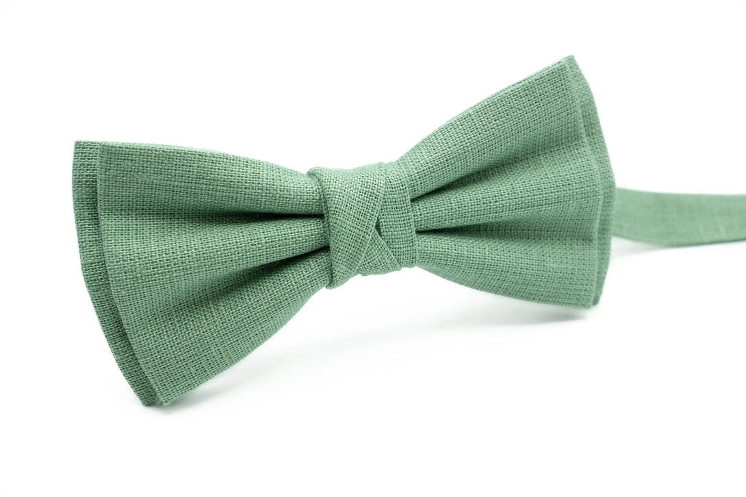 Elegant Butterfly Bow Tie in Sage Green Linen, perfect for wedding attire