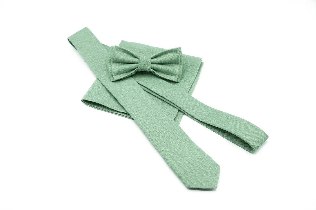 Sage Green Linen Bow Tie or Necktie with Matching Pocket Square – A stylish sage green bow tie and necktie set, complemented by a matching pocket square, perfect for weddings or groomsmen gifts.