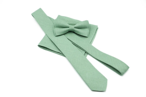 Sage green linen necktie or bow tie available with matching pocket square