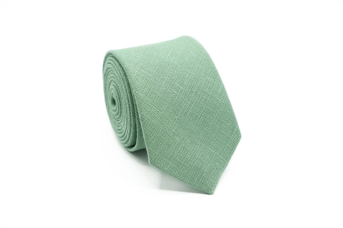 Sage green linen necktie in slim, skinny, or standard style