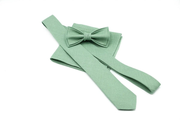 Sage green linen bow tie or matching necktie available with  pocket square for wedding groomsmen attire