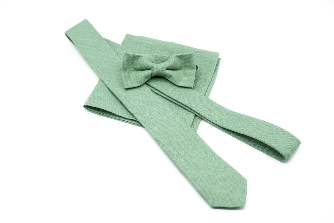 Sage green linen bow tie or necktie available with matching pocket sguare for summer weddings 