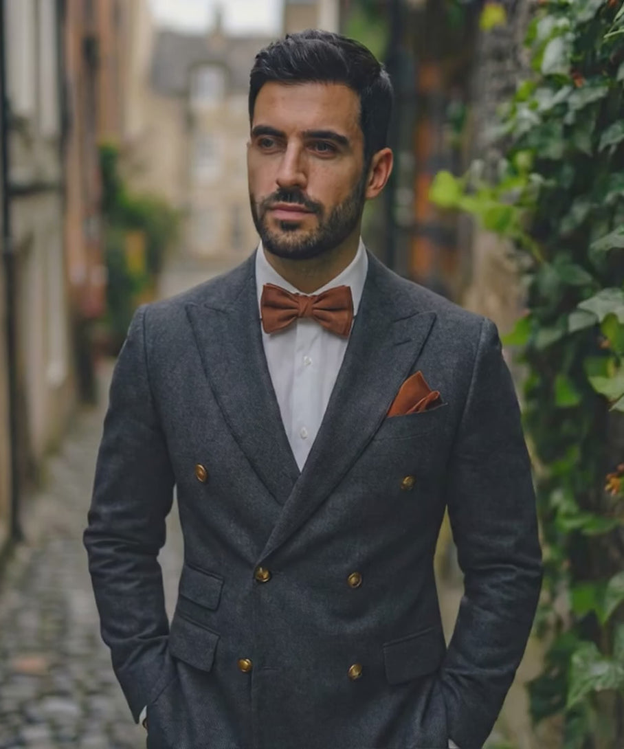Elegant rust linen butterfly bow tie for men and boys with a matching pocket square