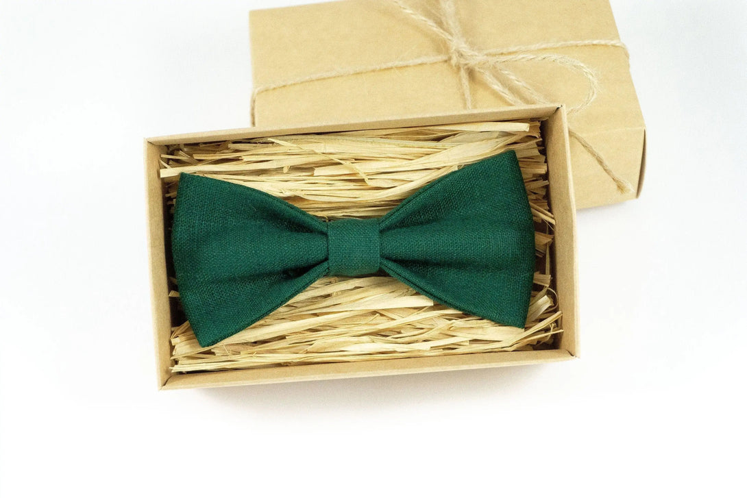 Dark green color linen best men ties available with matching pocket square / Pre-tied daddy and son bow ties for fathers day gift ideas