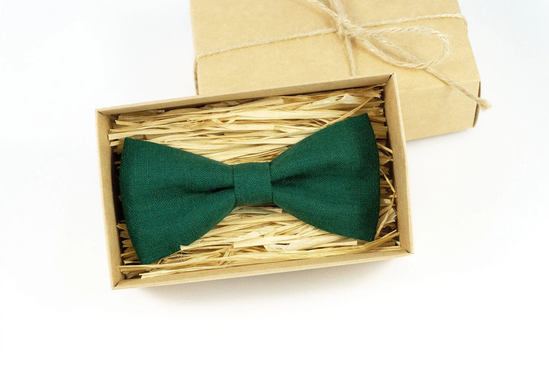 Dark green color linen men's and toddler baby boys bow ties / Groomsmen and groom ties for weddings or ring bearer bow tie