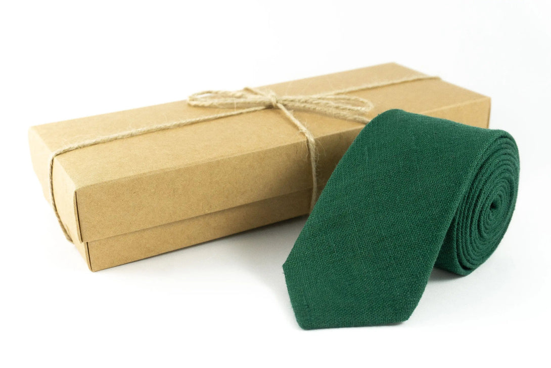 Dark green color linen wedding necktie for groomsmen proposal gift / Handmade neckties for men