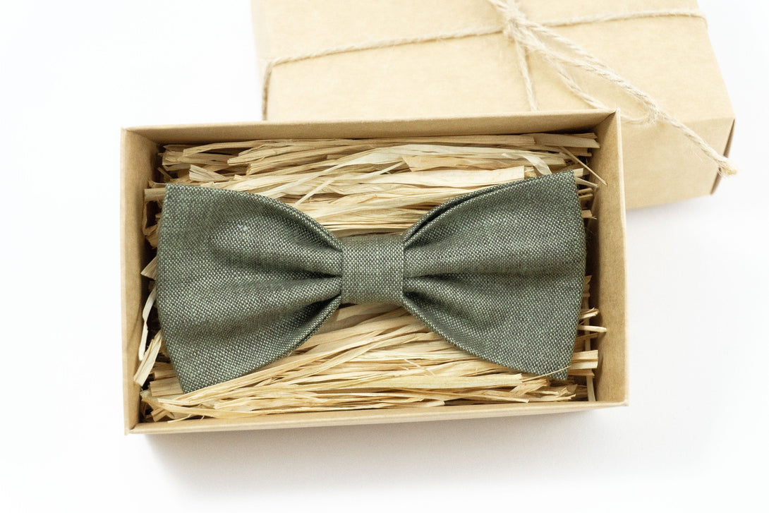 Dark Dusty Sage green linen ties for men / Groomsmen and ring bearer bow ties for wedding or gift for men