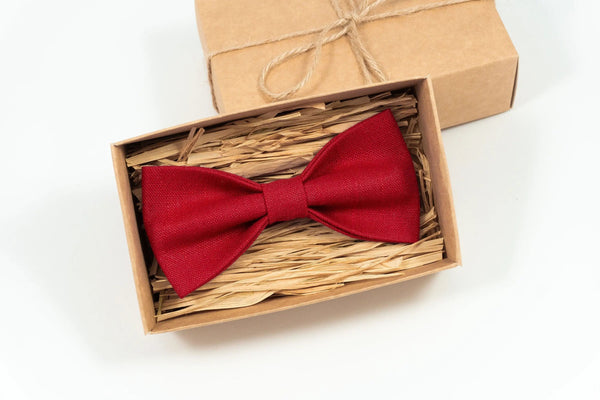 Red color linen wedding bow tie for groomsmen proposal gift / Red color neckties for men available with matching pocket square