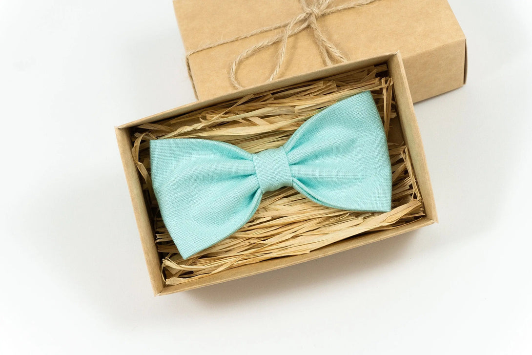 Mint Green color pre-tied wedding bow ties for groomsmen proposal gift / Linen neckties for men available with matching pocket square