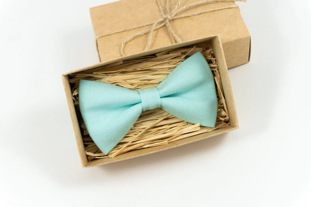 Mint Green color linen bow ties for men and kids, toddler, baby boys / Pre-tied usher bow tie for weddings available with handkerchief