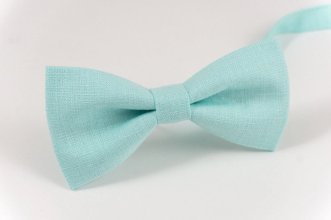 Mint Green color linen father and son bow ties available with matching pocket square / Wedding Neckties for groomsmen and groom