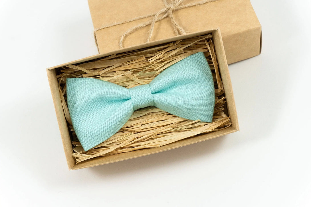 Mint Green color linen father and son bow ties available with matching pocket square / Wedding Neckties for groomsmen and groom