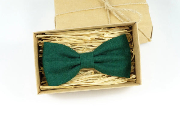 Dark green color father and son butterfly bow ties / Pre-tied linen bow ties for men and toddler boys as unique gift for men