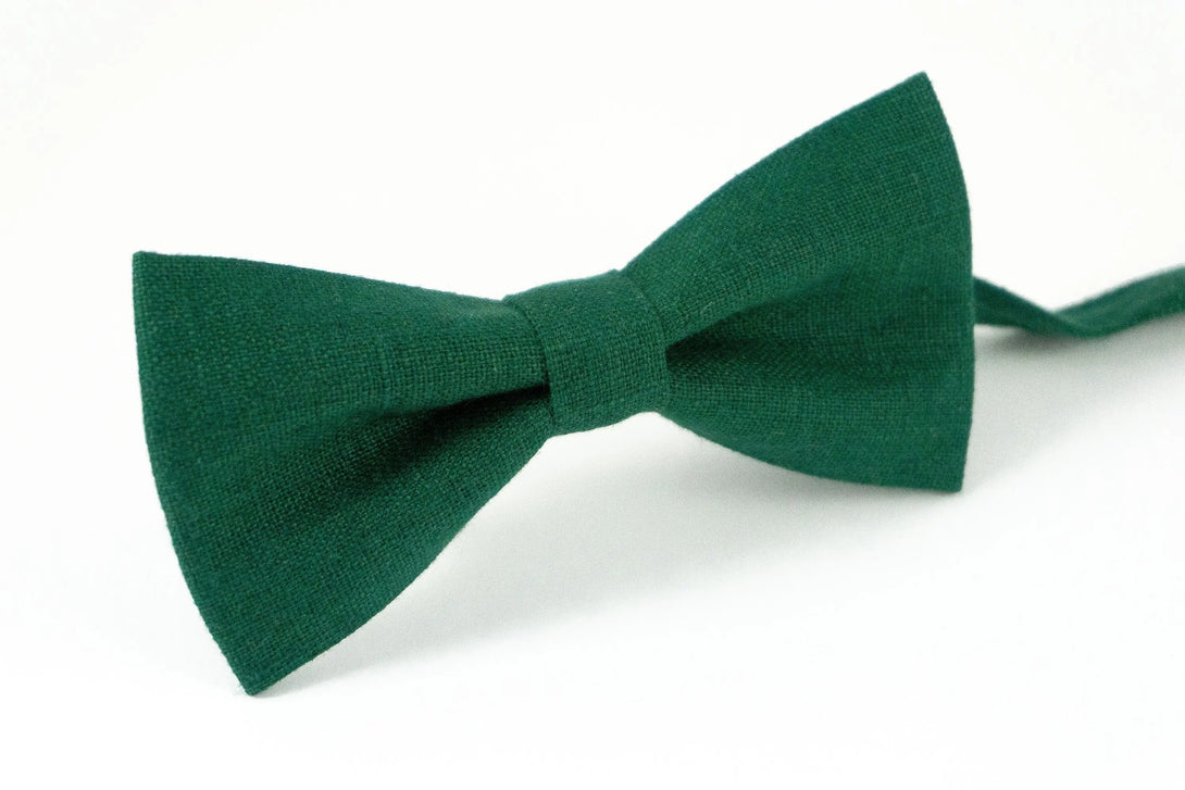 Dark green color linen men's and toddler baby boys bow ties / Groomsmen and groom ties for weddings or ring bearer bow tie