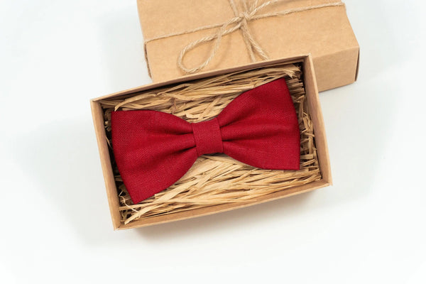 Red color linen pre-tied ties for men and boys available with matching pocket square / Wedding bow ties for groomsmen and groom