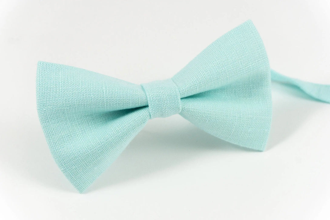 Mint Green color linen bow ties for men and kids, toddler, baby boys / Pre-tied usher bow tie for weddings available with handkerchief