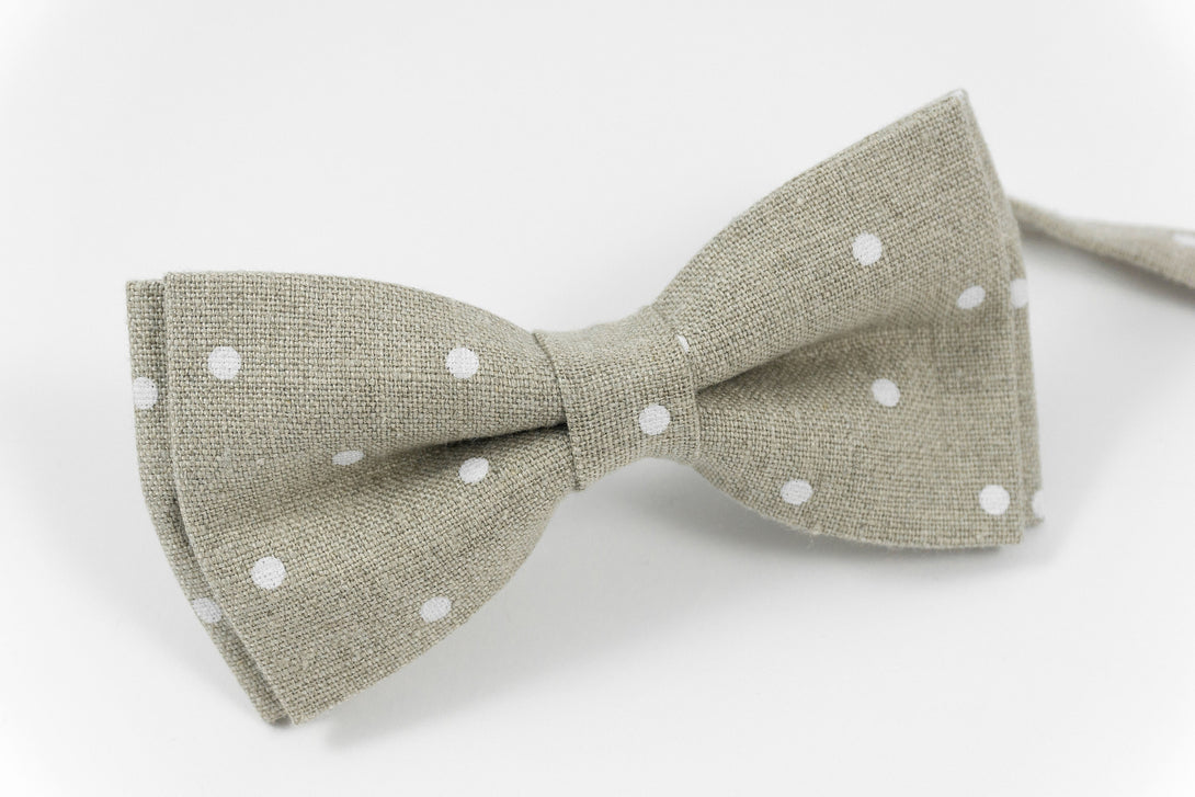 Beige color linen bow ties with white polka dots