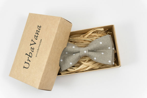 Beige color linen bow ties with white polka dots