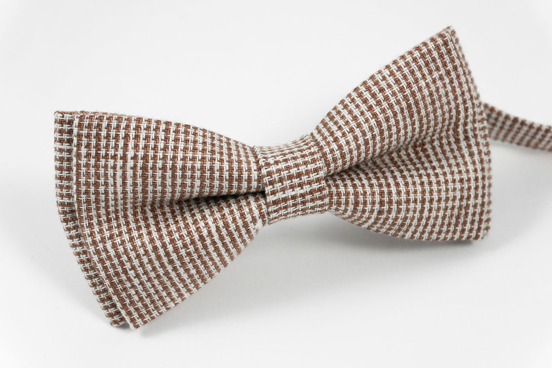 Brown white checkered classic linen bow ties for men and toddler boys