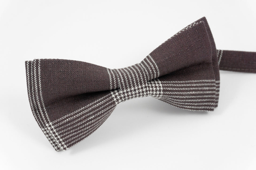 Dark brown linen bow ties with white stripes