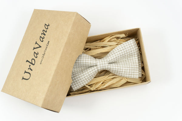 Beige white checkered pre-tied linen bow ties for men and boys