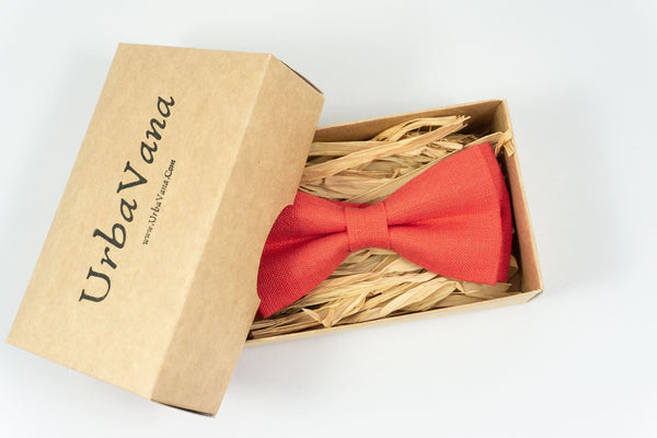 Reddish orange linen wedding bow ties for groomsmen