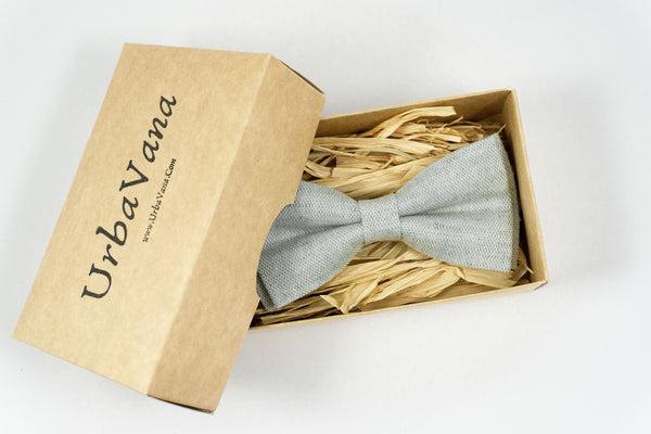 Greenish White pre-tied linen groomsmen bow tie displayed in a box, perfect for weddings or as gifts for men and toddler boys.