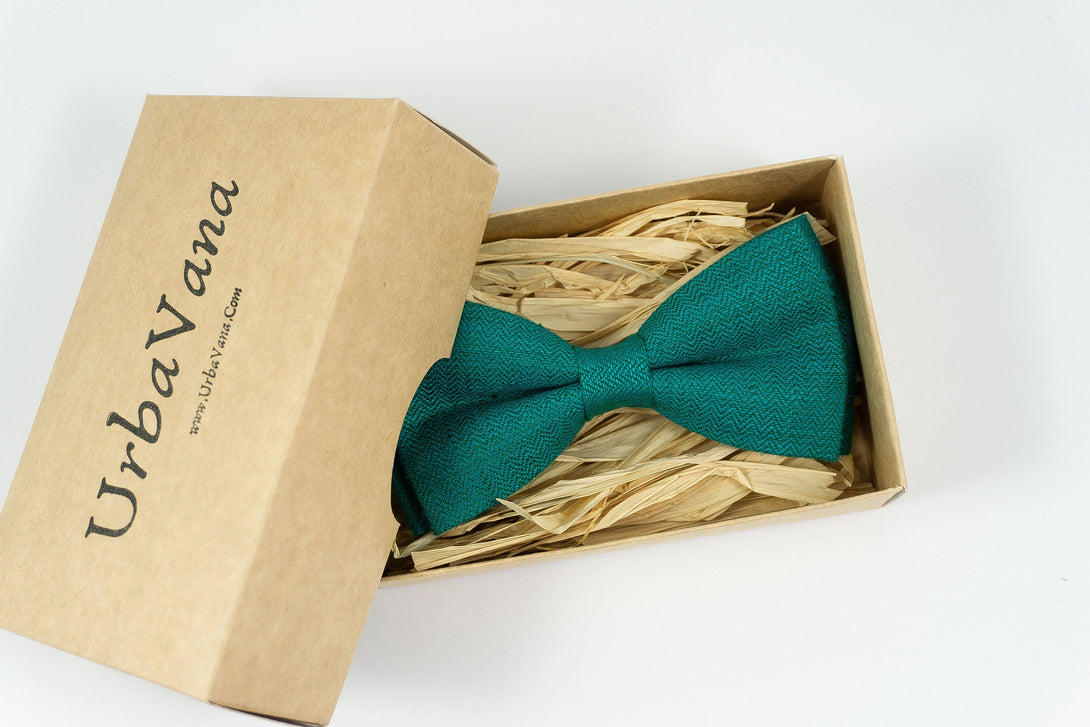 Green color patterned classic linen bow ties for men and boys