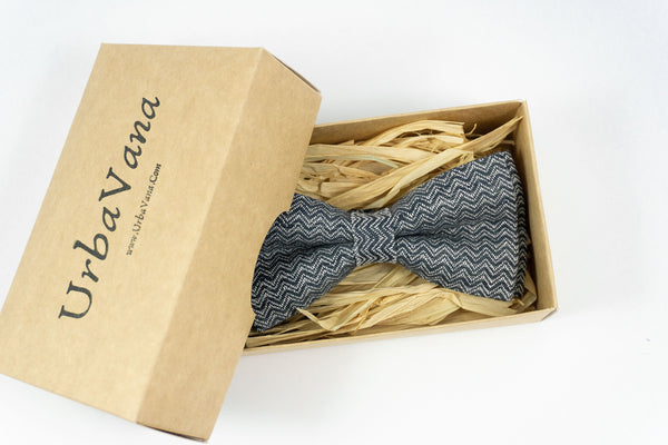 Black grey white wavy linen bow ties for men and boys