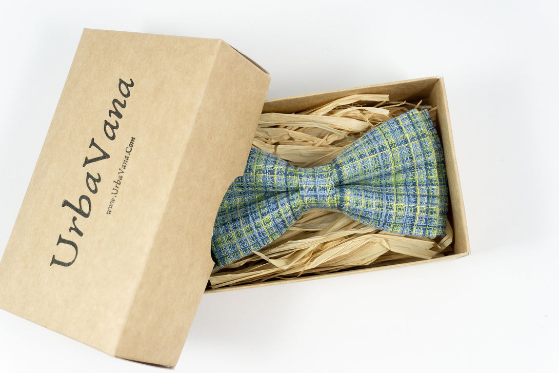 Blue green striped linen bow ties for men and toddler boys