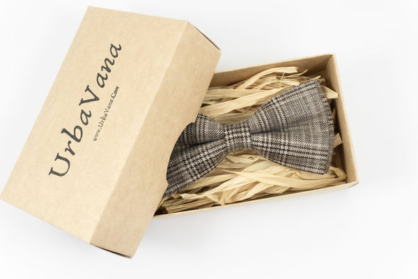 Brown beige striped linen bow ties for men - classic pre-tied bow tie as unique gift for men