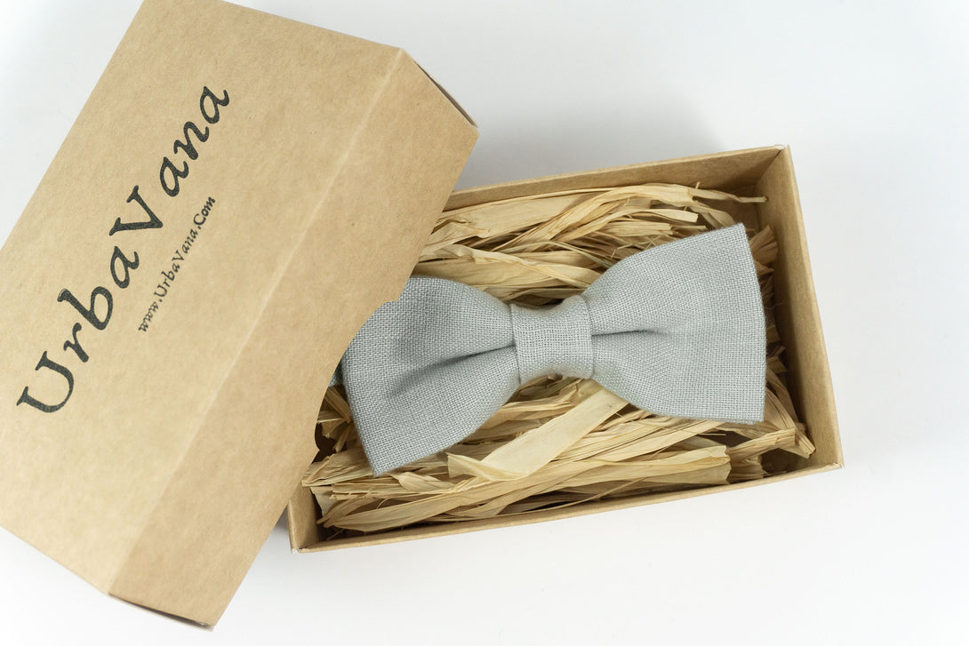 Dusty grey mens wedding bow ties for groomsmen and groom / eco-friendly linen bow ties for men and baby boys