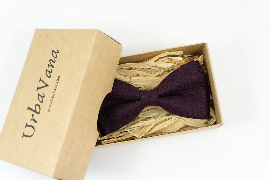 Dark purple patterned linen bow ties for men