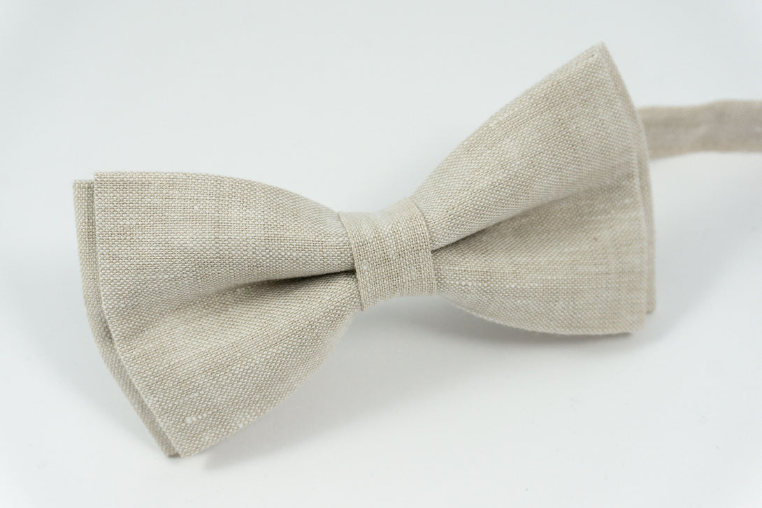 Beige chambray linen mens bow ties for weddings