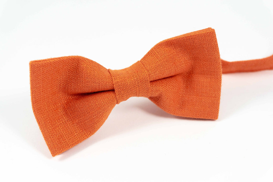 Orange color linen wedding bow tie for groomsmen gift - Pre-tied linen bow ties for men and toddler boys