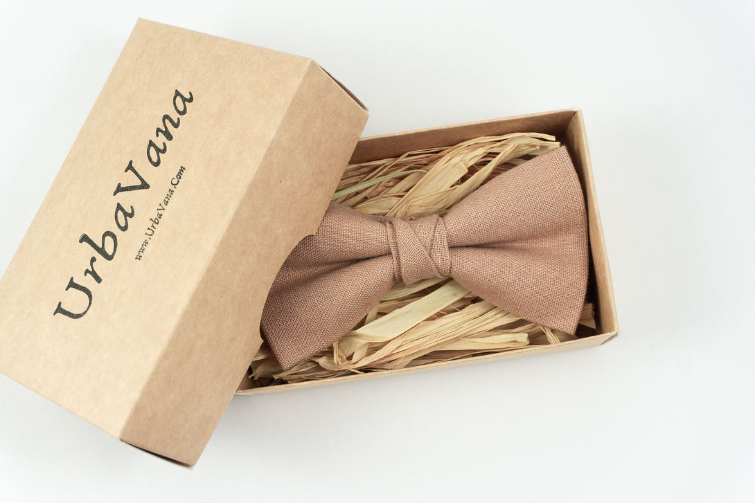 Mocha linen mens pre-tied bow ties for weddings - gift for groomsmen