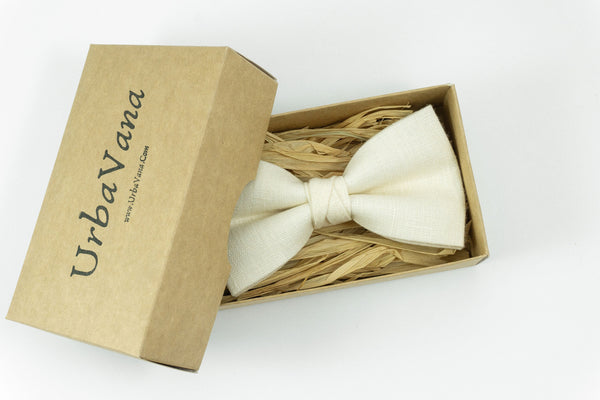 Champagne color linen wedding bow ties for men available with matching pocket square