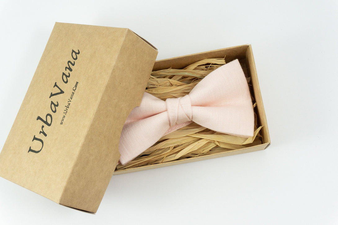 Light Blush peach linen wedding bow tie available with matching pocket square