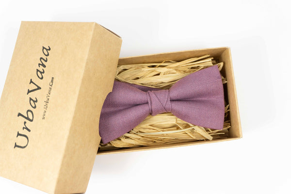 Purple color linen bow ties for men and toddler boys available with matching pocket square