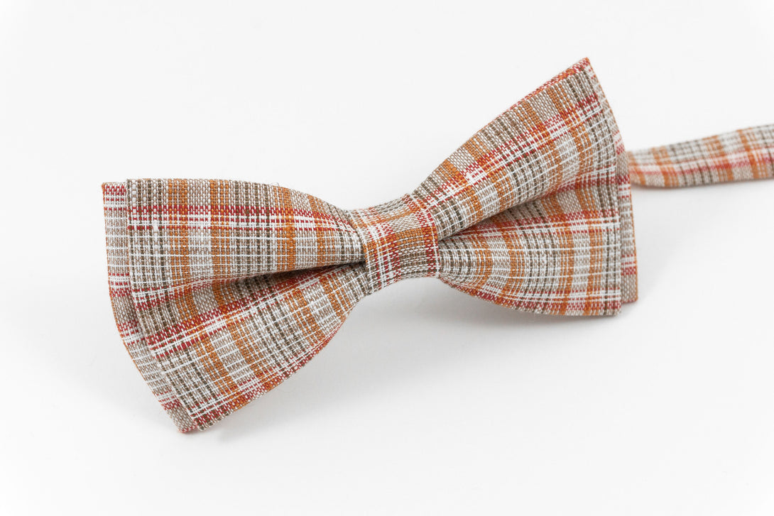 Beige red orange striped linen mens bow ties