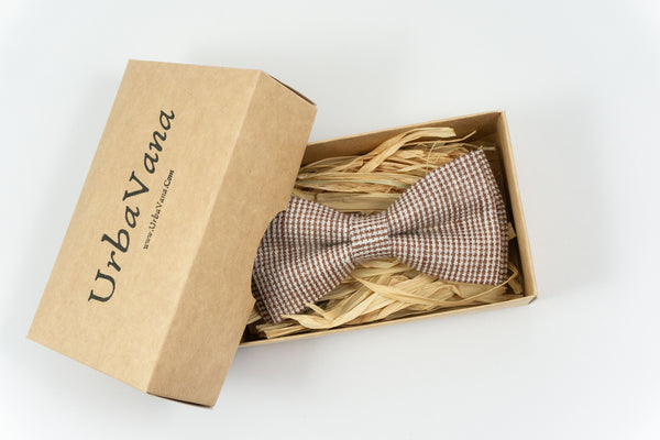 Brown white checkered classic linen bow ties for men and toddler boys