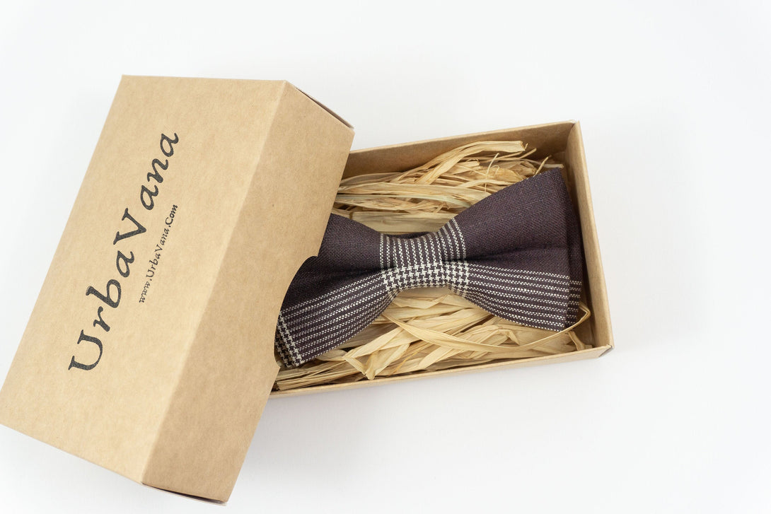 Dark brown linen bow ties with white stripes