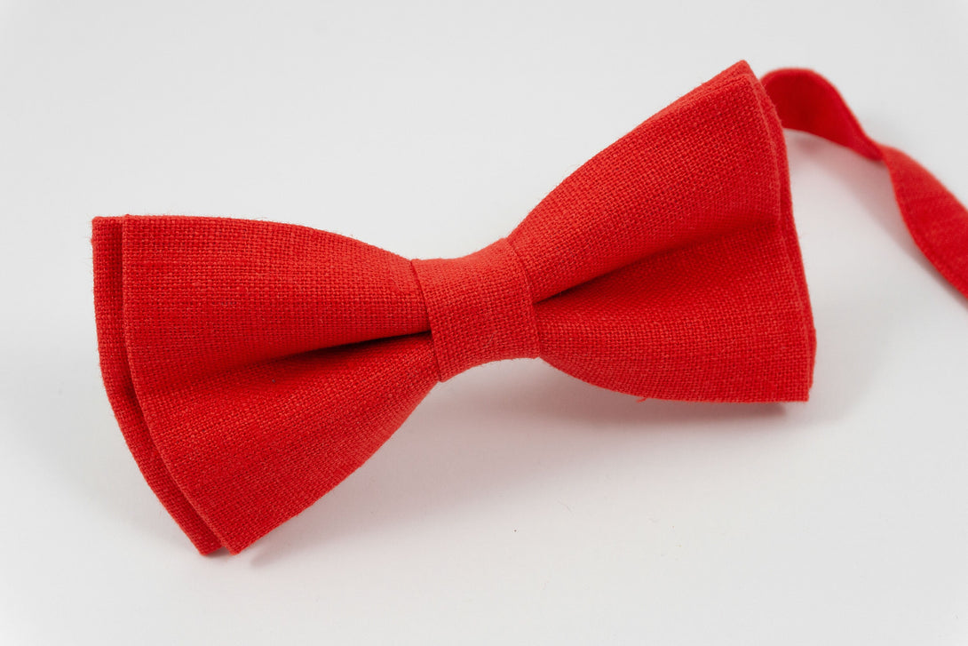 Bright red pre-tied linen bow ties for men and toddler boys