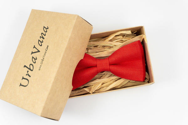 Bright red pre-tied linen bow ties for men and toddler boys