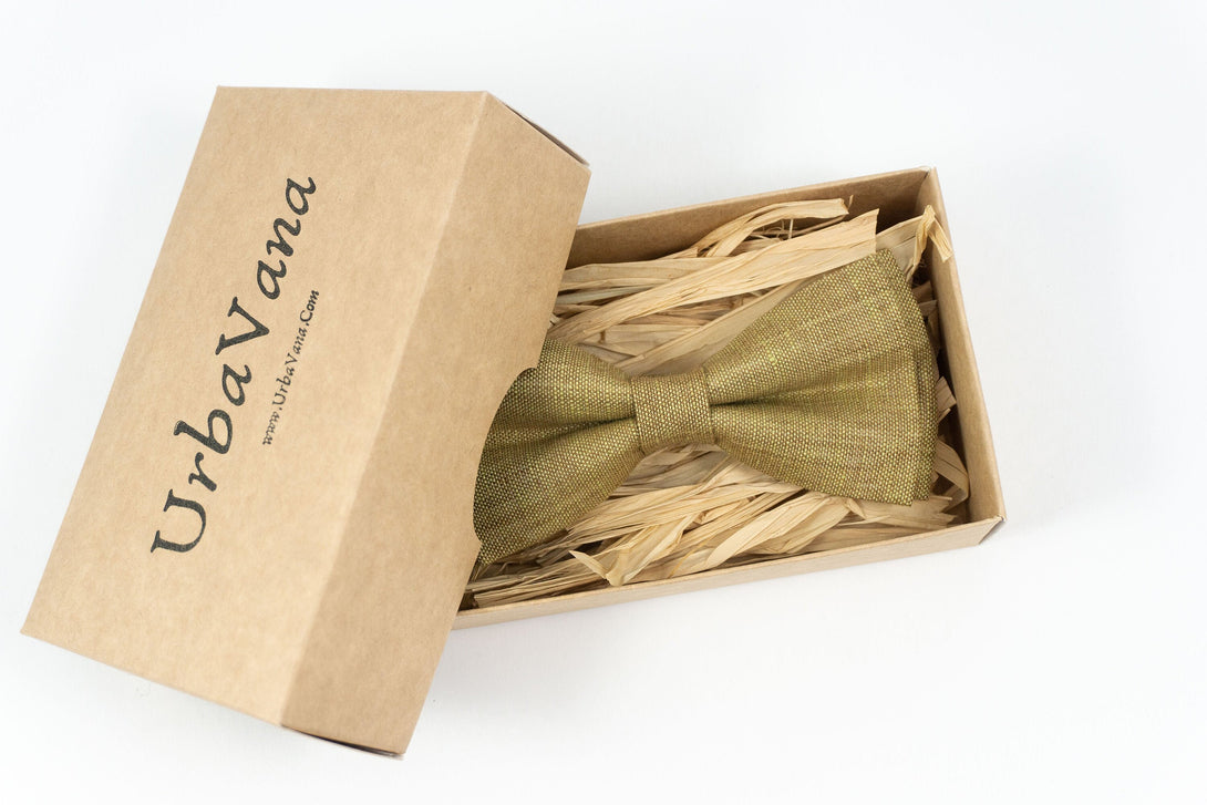 Brown chambray pre-tied linen bow ties for men and boys