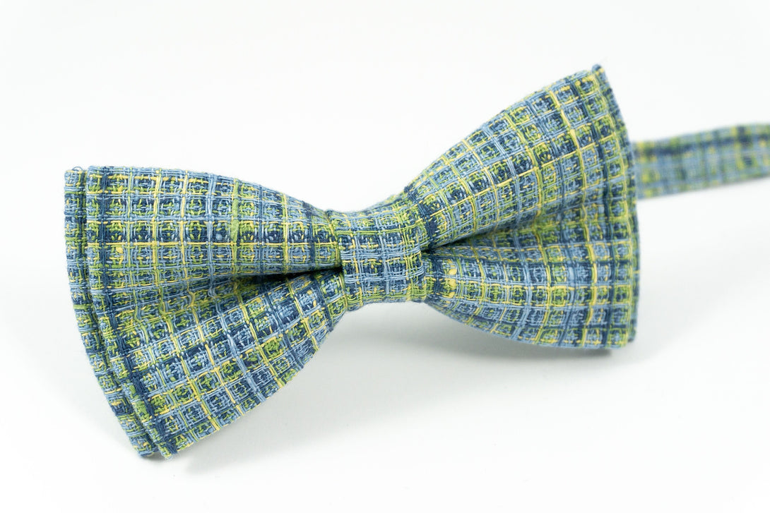 Blue green striped linen bow ties for men and toddler boys